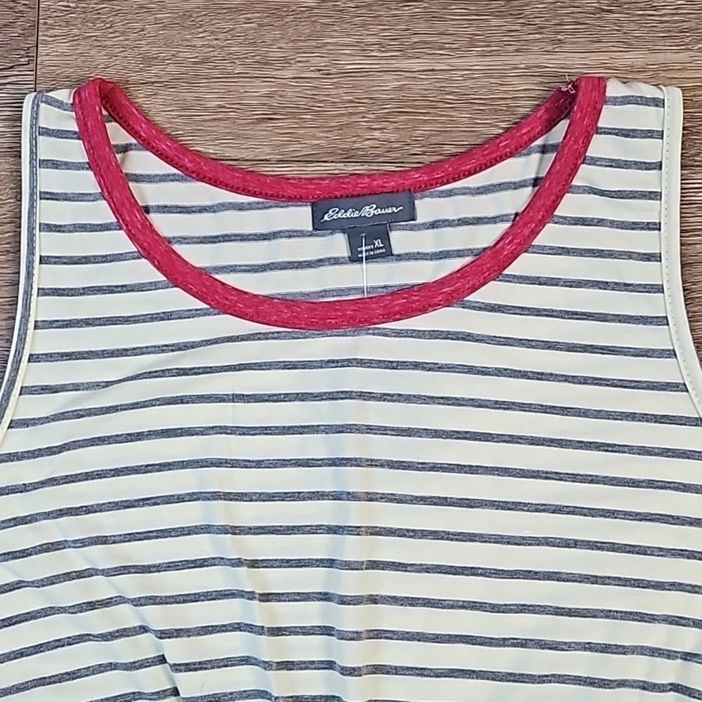 NWT Eddie Bauer Cotton Rayon Stretch Cream & Grey Stripe Front Knot Tank Top